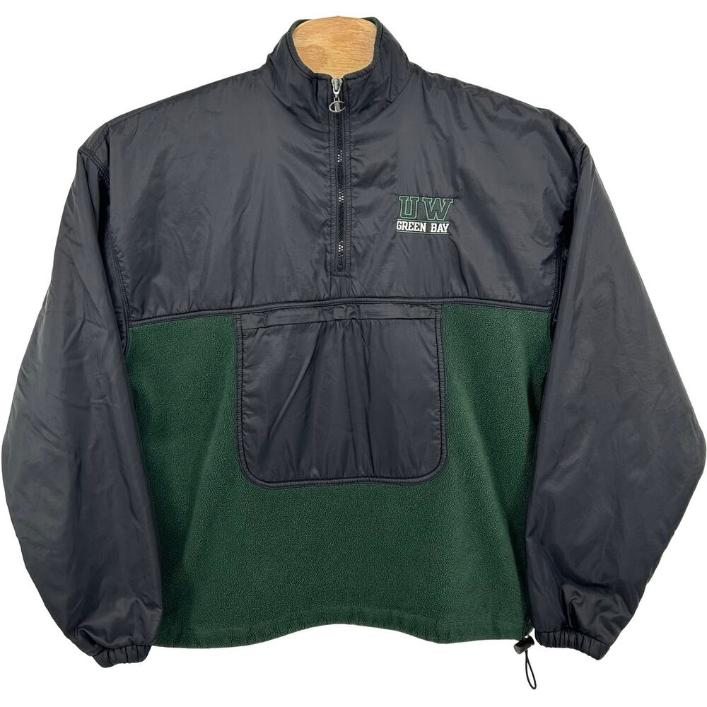 VTG 90s Men's Green Black Champion UWGB Windbreaker Fleece 1/4 Zip Jacket Sz L